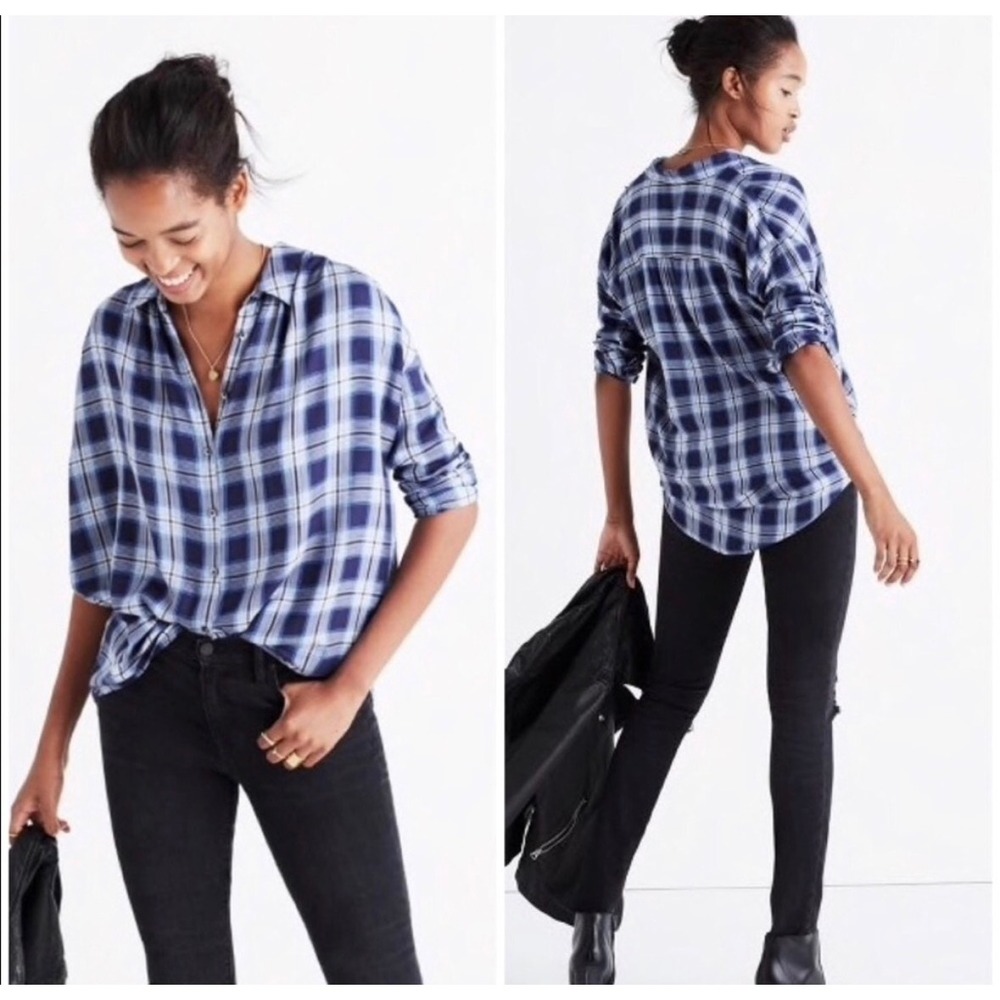 Madewell Women's S Central Long Sleeve Lansford Blue Plaid Button Down Top